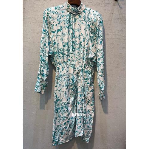 Woman Fashion Floral Print Viscose Dress Long Sleeves Folds Front Buttoned Cuffs Robe 2022 Autumn Winter