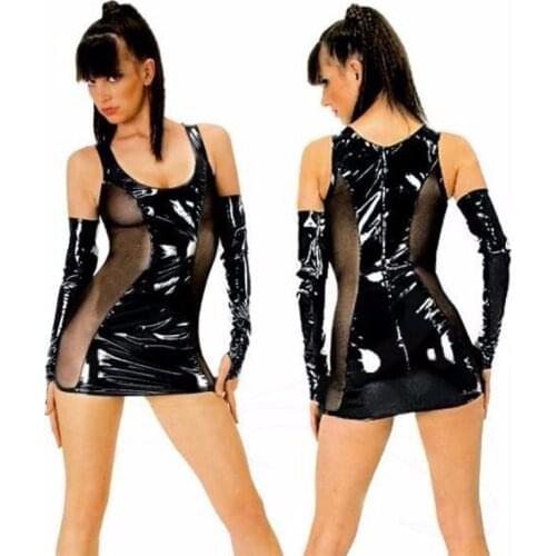 Over Hip Dress Club Stage Performance Mini Women Dress Womens Punk Goth Personality Party Halterneck Bright PU Dresses Length