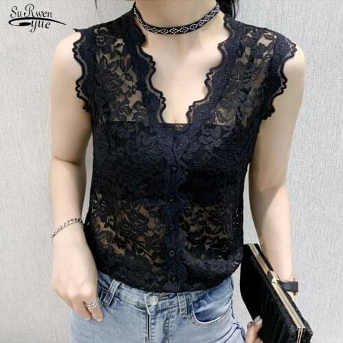 2021 Spring and Summer Sexy V-neck Sleeveless Embroidery Lace Shirt Fashion Solid Hollow Out Slim Wild Vest Womens Shirts 9891