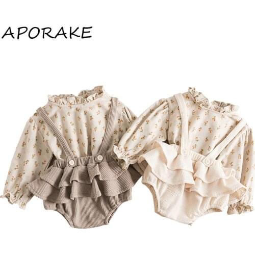 2021 0-3Y Cute Kids Baby Girl Clothes Set Ruffle Collar Floral Print Long Sleeve Blouse+Layered Suspender Shorts Skirt Fall 2pcs
