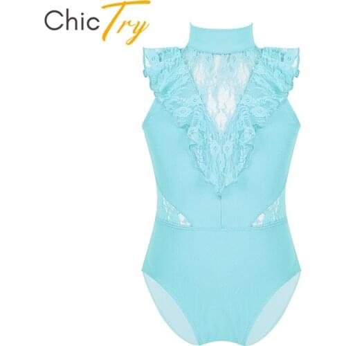 ChicTry Kids Dance Wear Ruffled Lace Splice Back Zipper Sleeveless Gymnastics Leotard for Girls Ballet Stage Performance Costume