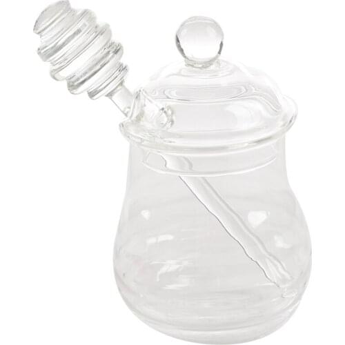 HOT-Transparent glass honey jar with lid Honey Jar with Dipper, Clear, 9 Ounces