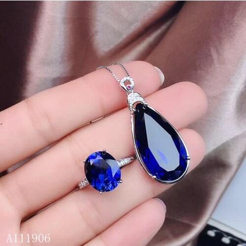 KJJEAXCMY boutique jewelry 925 sterling silver inlaid natural sapphire gemstone female ring necklace pendant set support review