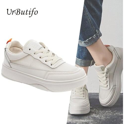 UrButifo Leather Flats Women White Shoes Spring Autumn Platform Casual Shoes Round Toe Footwear Sneakers 2019 Scarpe Donna