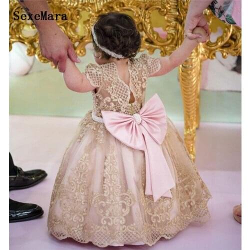 Champagne Lace Cute Christmas Girls Dress Baby Girls Cake Dresses for Party Kids 1 Year Baby Girl Birthday Dress