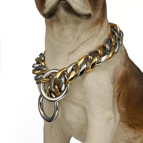 12-36" Silver Color&Gold Stainless Steel 15/19mm Cuban Curb Chain Training Choker Collar Pet Dog For Strong Bulldog Pitbull