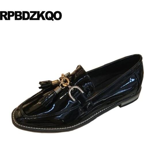 Patent leather handmade metal black women fringe square toe ladies beautiful flats shoes loafers red wine tassel embellished
