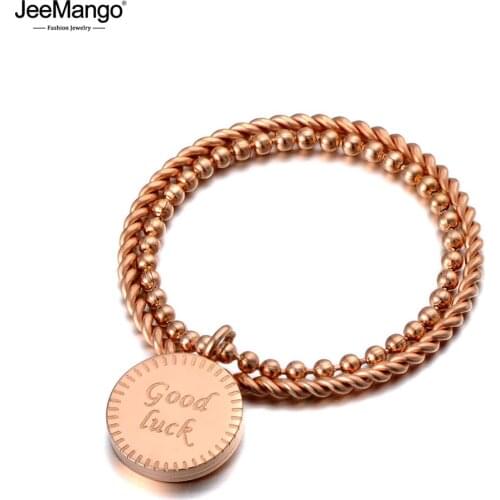 JeeMango Trendy Stainless Steel Good Luck Rings For Women Girls Bohemia Style Rose Gold Double Circle Charm Ring Jewelry JR19127