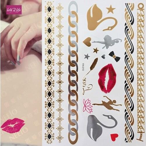 Metallic Gold Silver Body Art Waterproof Temporary Fake Tattoo Sexy Flash Jewelry Tattoos Sticker For Swan Feather