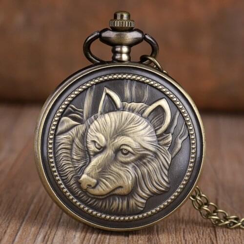Retro Bronze Wolf head Design Necklace Pendant Quartz Pocket Watch Mens Womens Gifts Fob Watch