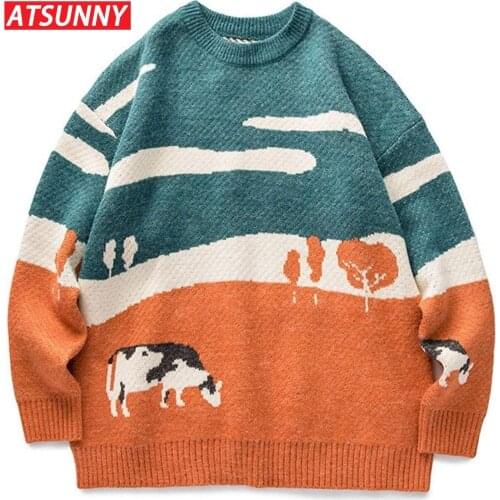 ATSUNNY Men Cows Vintage Winter Sweaters Pullover Mens Korean Fashions Sweater Casual Harajuku Clothes