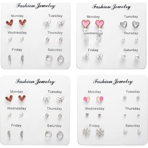 One Week Earring Set Fashion Simple Crystal Heart Stud Earrings For Women 6 Pairs/set Mini Brincos Valentines Day Gift