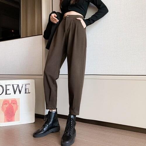 Autumn Winter Womens Pants Streetwear Loose High Waist Harem Pants Female Solid Black Brown Trousers Thin Legs MH555