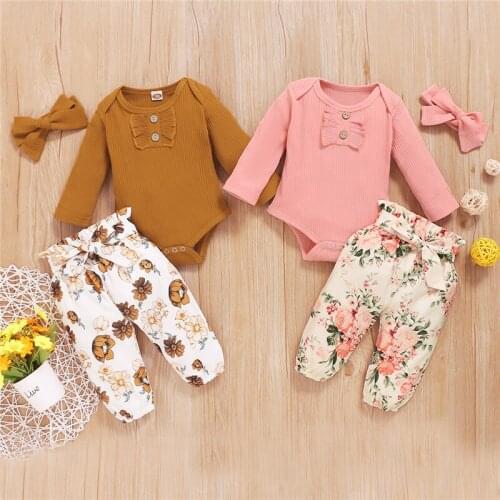 3PCS Baby’s Autumn Clothes Solid Long-Sleeves Rompers Top+Floral Prints Pants +Bowknot Headband Toddler Girl Sets 0-18M