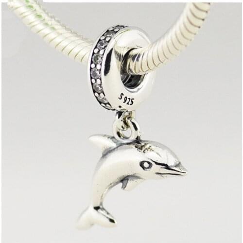 Clear CZ Dolphin Dangle 925 Sterling Silver Charms for Jewelry Making Floating Pendant For Charms Bracelets DIY Ocean Jewelry