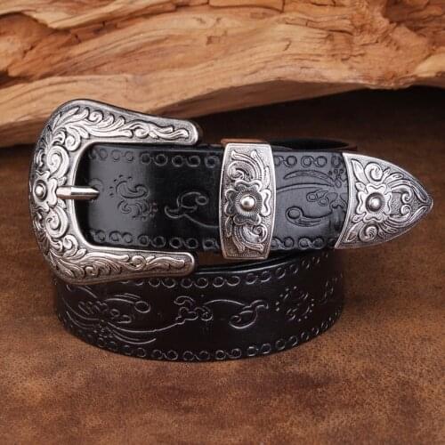 Designer Retro Flower Printing Belts Men High Quality Genuine Leather Strap Luxury Famous Brand Pin Buckle Belt Ceinture Homme