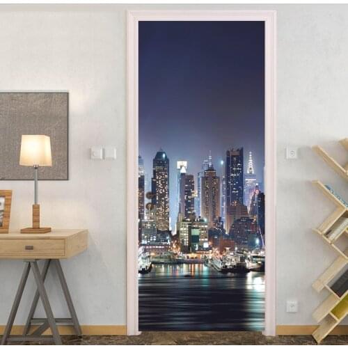 Modern City Night View 3D Wallpaper Door Sticker DIY Self-adhesive Removable Home Decor Wall Decals Door Stickers Wall Mural Art