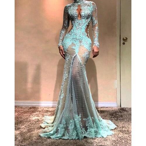 Igh Neck Gorgeous Long Sleeves Mermaid Evening Dresses Illusion Lace Formal Prom Dresses Cutaway Side Celebrity Gowns