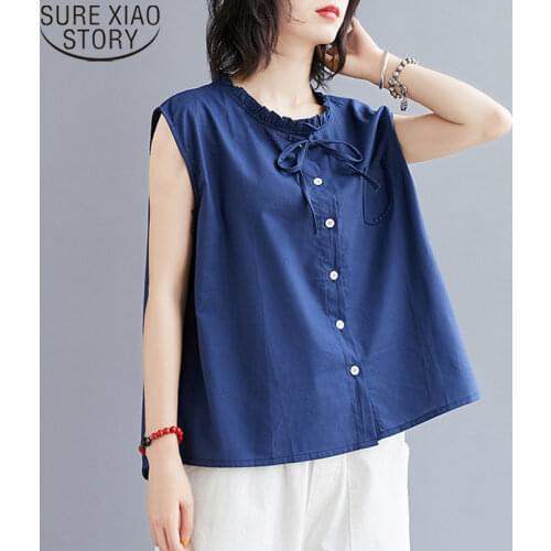 Vintage Casual Shirt Solid Pocket Lace-up Shirts Women Sleeveless Shirts 2021 Summer New Loose Womens Tops and Blouses 10318