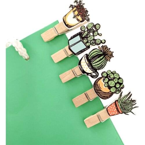 10pcs/pack Potted cactus wooden clip with hemp rope decoration clip Mini Memo Paper Small Craft Photo Pegs Kawaii Stationery