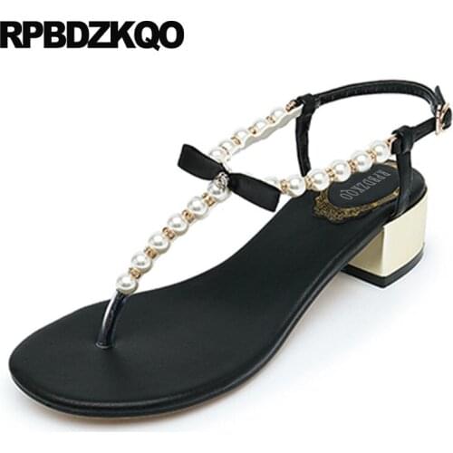 Shoes runway beaded black pearl bowtie chunky thong embellished ankle strap designer sandals women luxury 2019 square thick