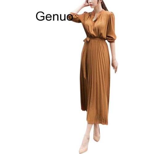 Women Casual Dresses Solid O-neck Dress Long Sleeve Beam Waist Big Swing Pleated Elegant Party Dress Vestidos De Festa Autumn
