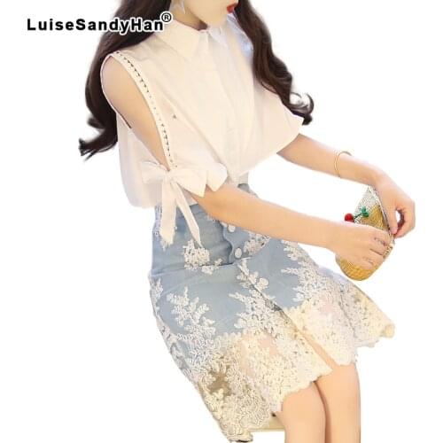 2021 new fashion temperament lapel white beading shirt embroidery stitching denim lace button skirt two-piece suit