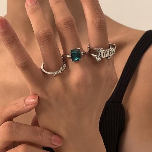 Origin Summer High Street Square Rhinestone Ring for Women Textured Letter Angel Geometric Gold Silver Color Metal Ring Jewelry