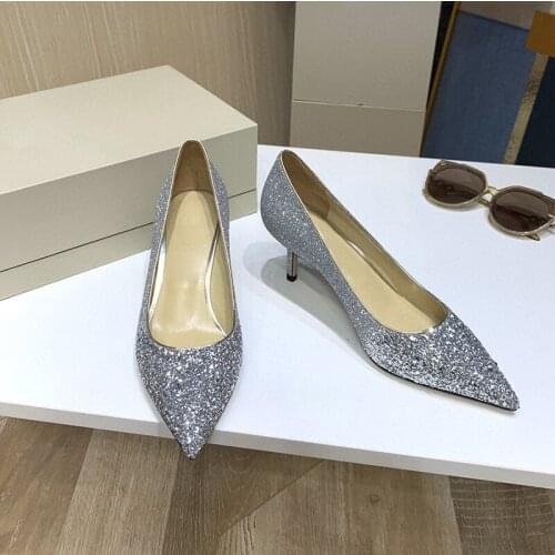 2020 Spring Wedding Shoes Womens Pumps Pointed Toe Thin High Heels Versatile Crystal Bride Silver Sequin Dress Shoes
