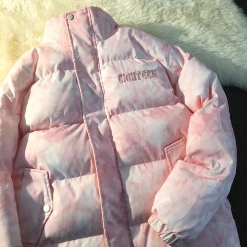 2021 Winter New Couple Harajuku Cotton-padded Jacket Padded Coat Tie-dye Pink Blue Parkas