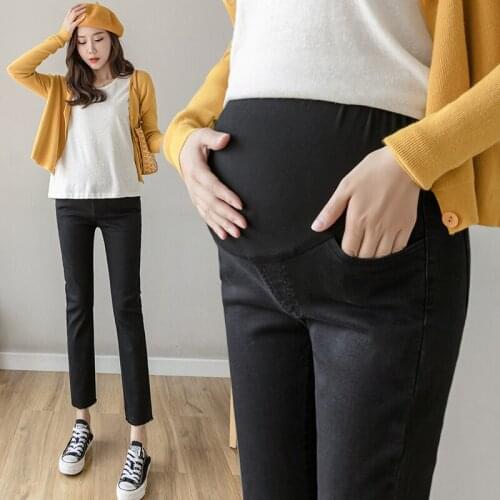 8929# Autumn Spring Black Stretch Denim Maternity Jeans Slim Straight Belly Pants Clothes for Pregnant Women Pregnancy Trousers