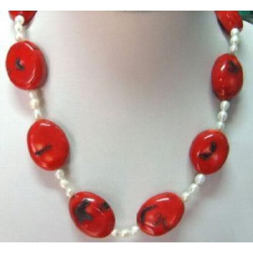 Free Shipping 004906 Fashion 5-6MM Real Rice White Akoya Cultured Pearl/Red Coral Pendants necklace