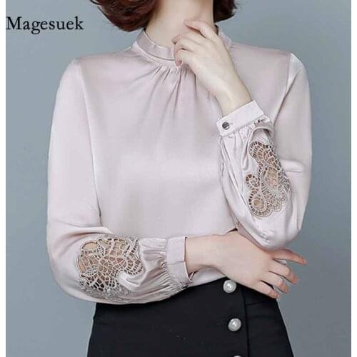 Satin Solid Pullover Shirts 2020 Autumn Lantern Long Sleeve Hollow Blouse Women Office Lady Women Elegant Ladies Clothes 11088