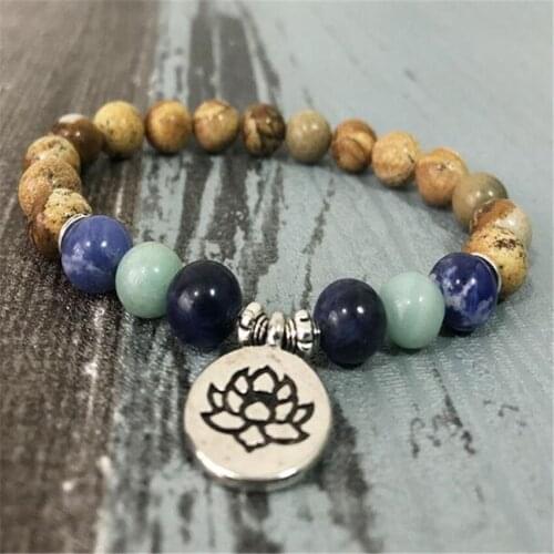 8mm Picture stone Sodalite Gemstone Mala Bracelet Stretchy Pray Buddhism Tibet Silver Cuff Wrist Meditation Unisex Healing Bless