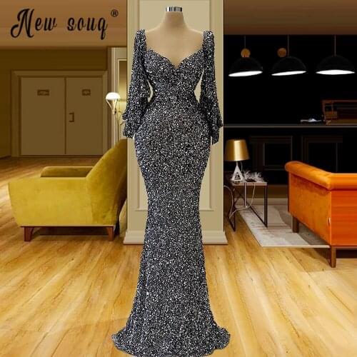 Dubai Silver Sequins Long Evening Dress Women Mermaid vestido de festa For Celebrity Party вечернее платье Middle East Gowns