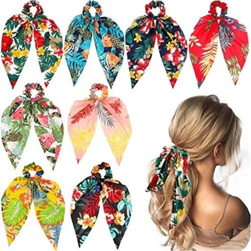 Women Hairband Bohemian Chiffon Flower Shrink Scarf Hair Band Ponytail Entrainment Bow Floral Print Hair Bundle Rope Accessory