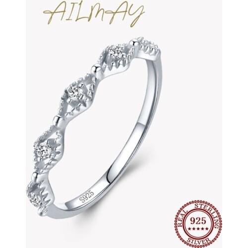 Ailmay Genuine 925 Sterling Silver Ring Clear Zircon Simple Geometric Line Rings For Women Girls Anti-Allergy Fine Jewelry Gifts