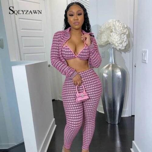 Fashion Women Plaid 3 Piece Set Spaghetti Strap Crop Top High Waist Pant Long Sleeve Jacket Suits Spring Outfits Matching Sets