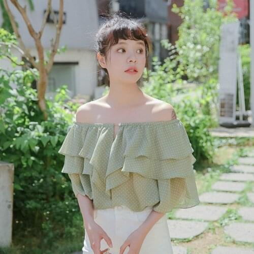 Summer Wave Point Chiffon Shirt Women Ruffled Strapless Slash Chic Shirts Blouse Student Girl Loose Short Sleeve Sweet Top H9170