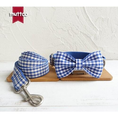 MUTTCO high quality personalized collar with bow tie THE BLUE YUMMY PLAID pretty adjustable dog collar leash set 5 sizes UDC046