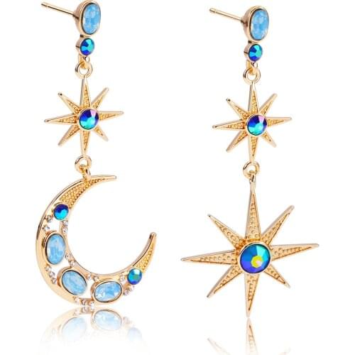 New Blue Asymmetric Star Moon Stainless Steel Earrings Womens Temperament Retro Exquisite Super Fairy Earrings Fashion Jewelry