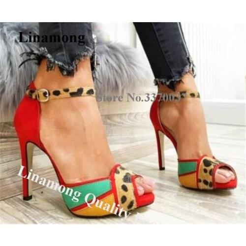 Linamong Charming Colorful Patchwork Stiletto Heel Gladiator Sandals Red Blue Yellow Leopard Mixed-colors High Heel Sandals