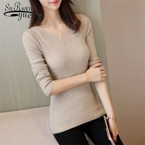 Solid Womens Knitted Sweater V-Neck Long Sleeve Sweaters Women Slim Pullover Female Autumn Winter New Pull Femme 10432