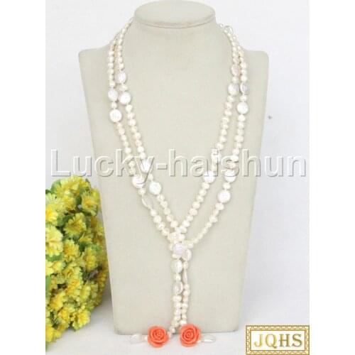 JQHS natural 53" 8mm 12mm Freeform potato Baroque coin potato white freshwater pearls Beaded Strand necklace j11833