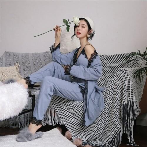 Winter Womens Pajamas Set Sexy Cotton Pajamas 3 Pcs Lace Sleepwear For Women Long Sleeves Pant Sexy Robe Nightgown Korean Style