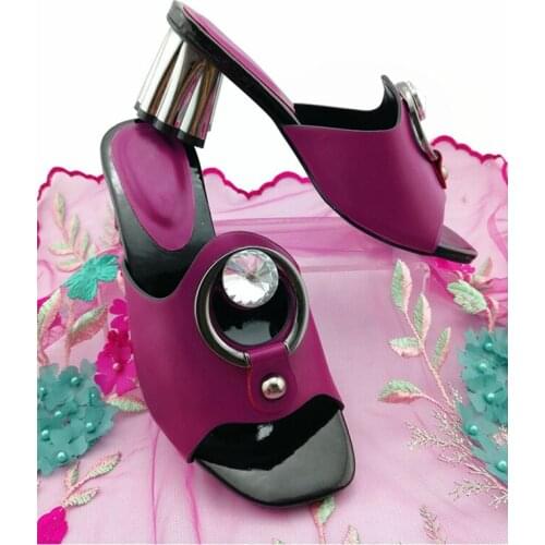 Latest Italian Style Pu Leather African Women Shoes with Shinning Crystal Nigerian Comfortable Heels for Party in Magenta Color