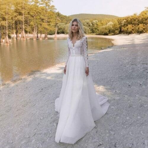 Elegant V-neck Applique Lace Wedding Dress Long Sleeve With Pearls Sashes vestido de noiva Tulle A-line Bride Dress