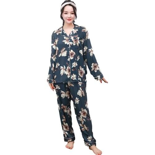 Fdfklak Silk Print Night Suit For Woman Two Piece Set Top And Pants Pijama New year 2021 Pajamas Night Wear Sleeping Suit