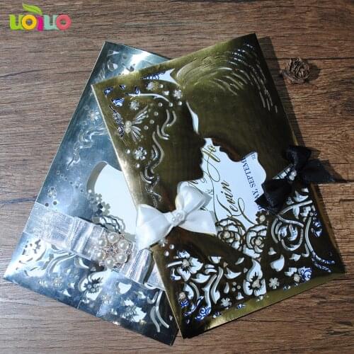 DIY customzied inc266 metallic gold & silver couple Wedding invitations Card ,pocket tied white bow buckle,print insert,envelope