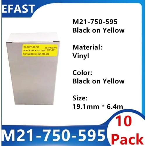 10 Pack M21 750 595 Vinyl Label Ribbon Black on Yellow For BMP21 PLUS bmp21 LAB Printer M21-750-595 19.1mm * 6.4m